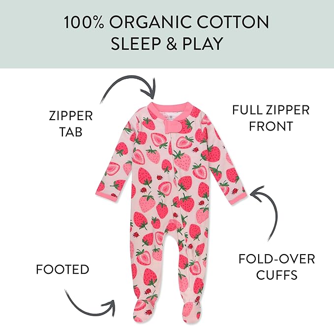 HonestBaby Sleep and Play Footed Pajamas One-Piece Sleeper Jumpsuit Zip-Front PJs 100% Organic Cotton for Baby Girls