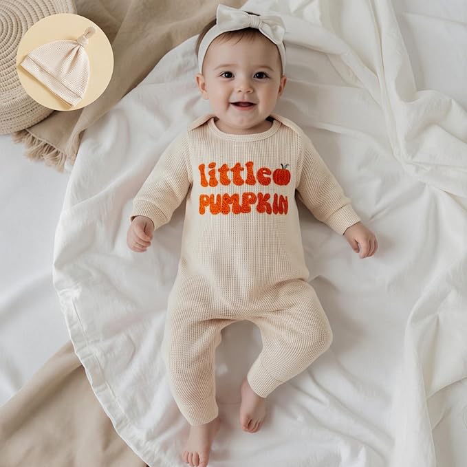 Newborn Infant Baby Boy Halloween Outfit Little Pumpkin Embroidery Romper Waffle Knit Long Sleeve Jumpsuit with Hat