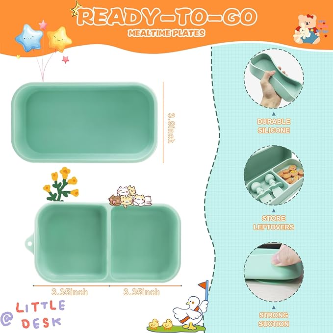 Travel Silicone Baby Feeding Set, 6 In 1 Portable Plates Spill Proof with Suction, Silicone Baby Spoon & Fork, Lightweight Foldable Baby Bib for Toddler with Waterproof Storage Bag - Green