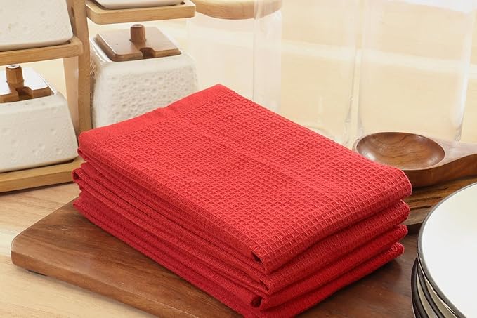 PurpleEssences Waffle Weave Kitchen Towel, 100% Cotton - 15 x 25 Inches, with Hanging Loop Ultra Soft Absorbent Quick Drying Dish Cloth, Tea and Hand Towels, 4 Pack - Fall Thanksgiving - Red