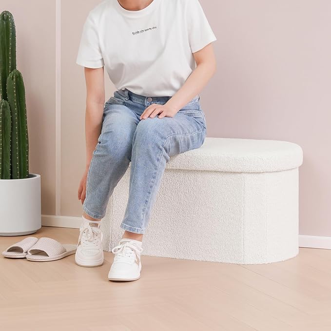 B FSOBEIIALEO Ottoman with Storage for Living Room, Sherpa Folding Storage Ottoman Foot Rest, 30 Inches Collapsible Bedroom Bench White