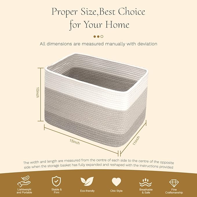 Hopegiver 3 Pack Storage Baskets for Organizing with Handle, Woven Baskets for Shelves - Durable Gift Basket for Cloth Toy Baby, Cotton Rope Basket for Dog Cat, 15x11x10 Inch(White&Light-Gray&Gray)