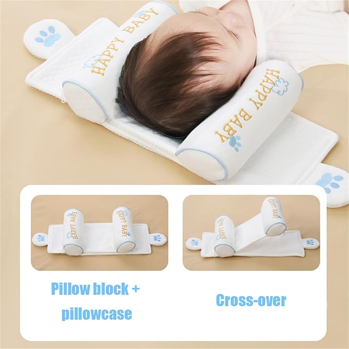 Kariney Baby Pillow, Compariston All-Season Breathable Pillow for Baby Development, Organic Cotton Adjustable Infant Head Cushion (Blue,Rabbit)