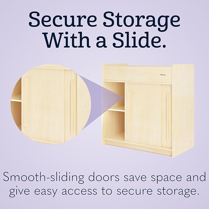 Foundations SafeGlide Daycare Changing Table, Durable Wood Construction, Built-in Shelving for Ample Storage, Gliding Doors, Adjustable Safety Strap, Includes Foam Mattress Pad (Natural)