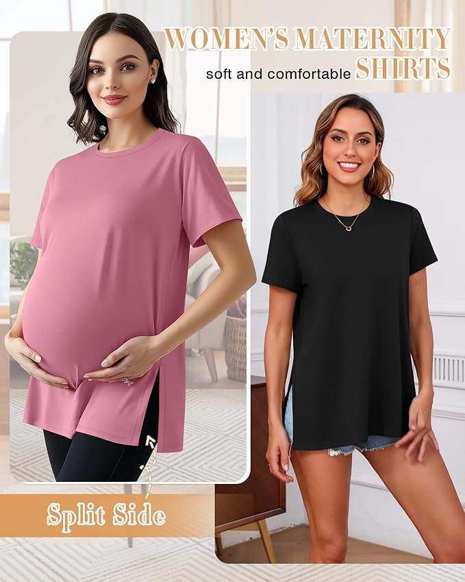 Ficerd 3 Pack Women's Maternity T Shirts, Short Sleeve Side Split Pregnancy Tops Casual Crew Neck Pregnant Tees Mama Clothes