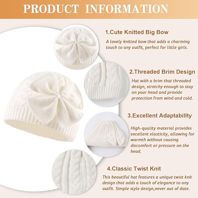 JANGANNSA Winter Warm Knitted Baby Hat for Girls Cotton Lined Infant Toddler Hat Autumn Cute Bow Classic Girls Beanie 0-6Y