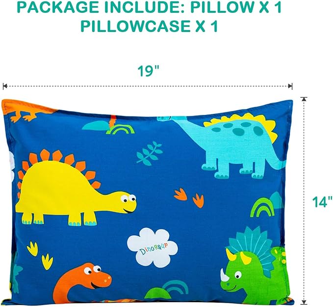 Toddler Pillow with 100% Organic Cotton Pillowcase 14x19, Cottonblue Kids Bedding Pillow for Sleeping, Machine Washable, Boys Pillow and Pillow Cover for Travel, Cot, Bed Set, Blue Dinosaur