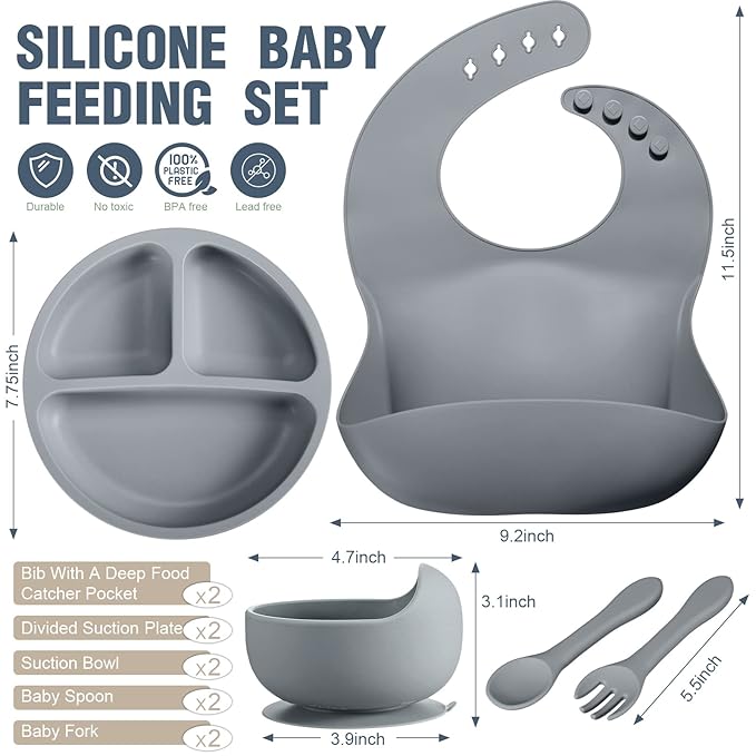 10 Pack Silicone Baby Feeding Set, Toddlers Led Weaning Feeding Supplies with Suction Baby Bowl Divided Plate Adjustable Bib Soft Silicone Spoon Fork, Infant Self Eating Utensil Set (Gray, Khaki)