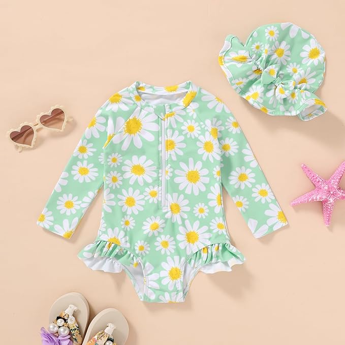 Infant Baby Girl Swimsuit One-Piece Long Sleeve Rash Guard with Hat Set Floral Zipper Bathing Suit Leopard Beach Wear