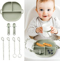 Baby Plates with Suction Silicone Baby Spoons Divided Baby Plates Silicone Baby Safety Toy Straps Baby Bottle Bungees Baby Feeding Set All-in-one-Sage