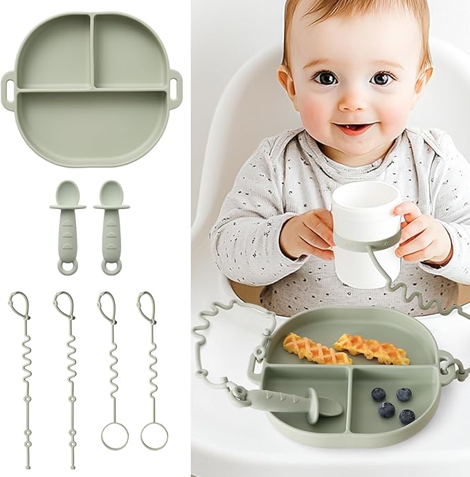 Baby Plates with Suction Silicone Baby Spoons Divided Baby Plates Silicone Baby Safety Toy Straps Baby Bottle Bungees Baby Feeding Set All-in-one-Sage