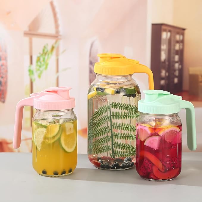 Glass Pitcher with Lid, 64 OZ Mason Jar Pitcher Double Leak Proof, 2 Quart Breast Milk Storage Containers for Fridge, Wide Mouth Glass Jar for Sun Tea, Juice, Cold Brew Coffee