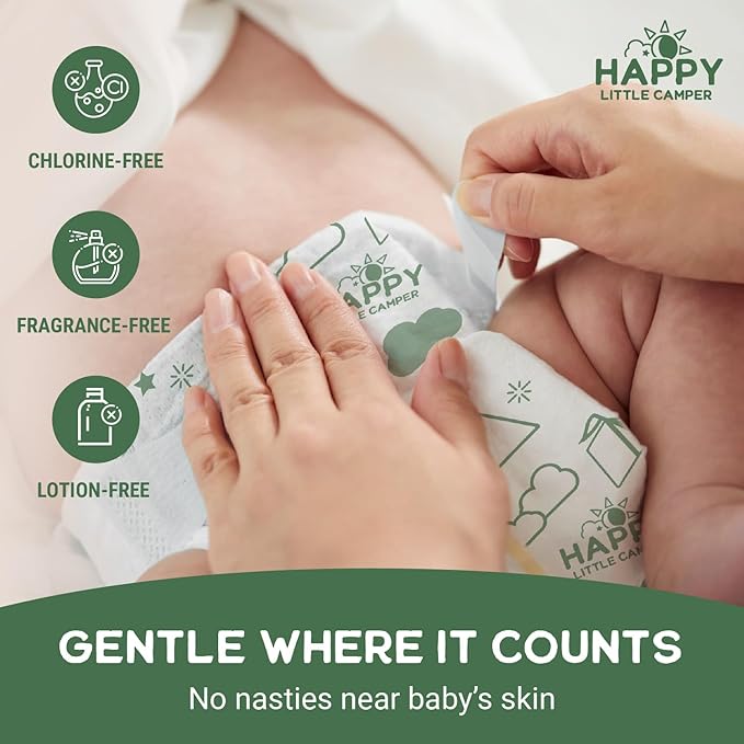 Happy Little Camper Super Saver Diapers, Size 4, 25 Count | Budget-Friendly Disposable Baby Diapers for Sensitive Skin | Hypoallergenic, Fragrance-Free, Ultra Absorbent