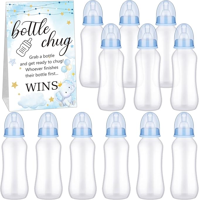 TrelaCo Cool Baby Shower Games Sets 12 Pcs Feeding Bottles with 1 Bottle Chug Sign for Gender Reveal Baby Shower Party Favors Decoration Games(Elephant,Blue)