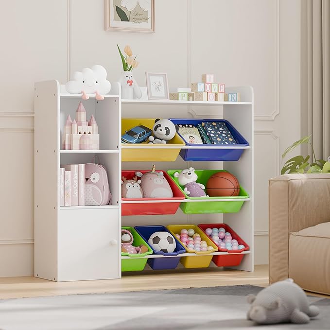 Multicolor Toy Storage Organizer, Toy Organizers and Storage Bins, Toy Storage Shelf with 8 Toy Bins, Toy Organizer with Bookshelf, Book Shelf and Toy Storage for Kids Room, Playroom, Bedroom, Nursery