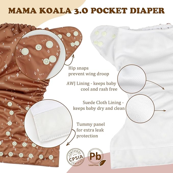 Mama Koala 3.0 Pocket Cloth Diapers for Babies with AWJ Lining, 6 Pack with 6 4-Layer Natural Cloth Diaper Inserts - Reusable and Washable Pocket Diapers(Hardworking Bees)
