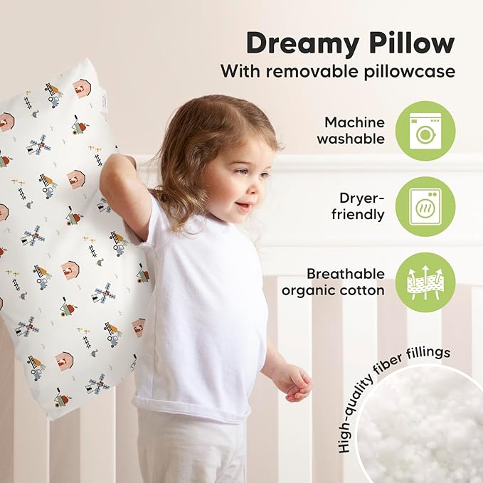 KeaBabies Toddler Pillow with Pillowcase, Jumbo 14X20 - Soft Organic Cotton Toddler Pillows for Sleeping - Machine Washable - Perfect for Travel, Toddler Bed Set (Barn)