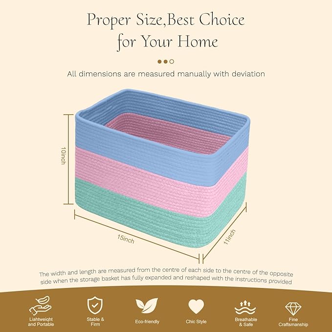 Hopegiver Storage Baskets for Organizing with Handle, Woven Baskets for Shelves - Durable Gift Basket for Cloth Toys Books Baby, Cotton Rope Basket for Dog Cat, 15x11x10 Inch(Blue&Pink&Green)