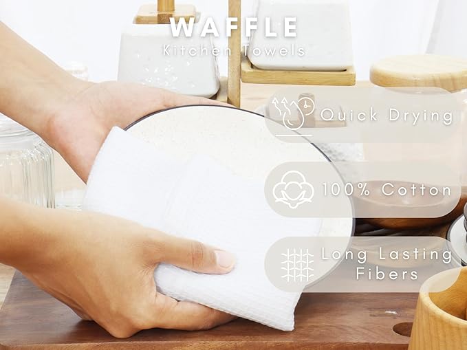 PurpleEssences Waffle Weave Kitchen Towel, 100% Cotton - 15 x 25 Inches, with Hanging Loop Ultra Soft Absorbent Quick Drying Dish Cloth, Tea and Hand Towels, 6 Pack - Fall Thanksgiving - White