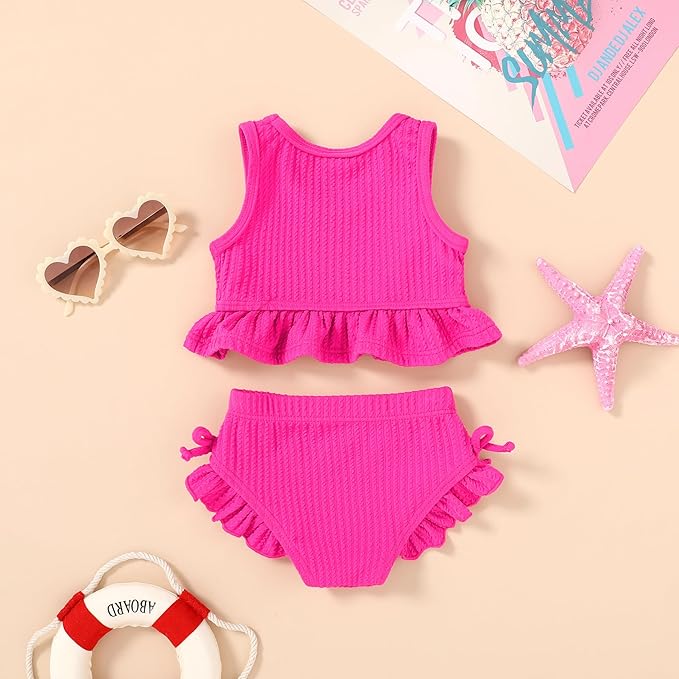 HAPPYMA Baby Swimsuit Toddler Girl Bathing Suit Summer Solid Color Bikini Set Beach Two Piece Swim Wear