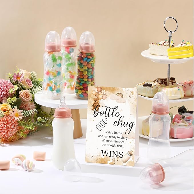 TrelaCo Cool Baby Shower Games Sets 12 Pcs Feeding Bottles with 1 Bottle Chug Sign for Gender Reveal Baby Shower Party Favors Decoration Games(Bear,Brown)