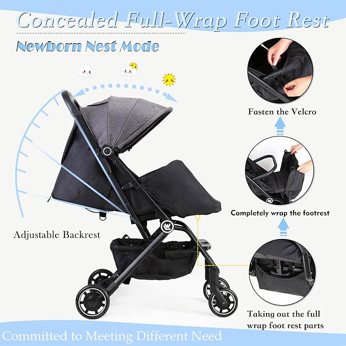 Lightweight Baby Stroller, Compact Travel Stroller with Retractable Foot Cover & Sleep Shade, One Hand Easy Foldable Strollers, Adjustable Reclining Seat for 0-36 Months