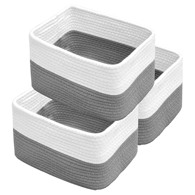 Hopegiver 3 Pack Storage Baskets for Organizing with Handle, Woven Baskets for Shelves - Durable Gift Basket for Cloth Toys Books Baby, Cotton Rope Basket for Dog Cat, 11x8x7 Inch(White&Gray)