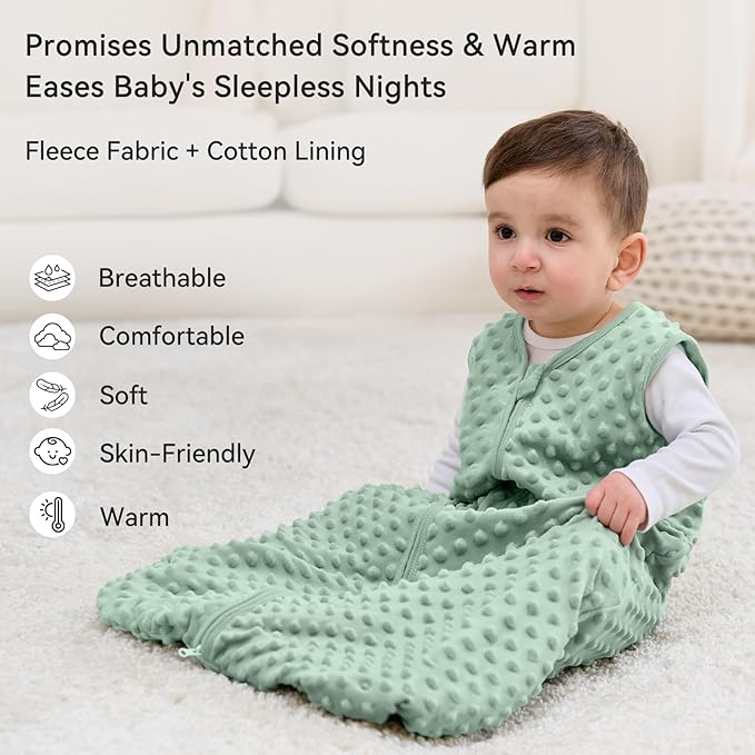Fleece Baby Sleep Sack 12-18 Months with Plush Dots 1.5 Tog Baby Wearable Blanket with 2-Way Zipper Warm Sleeping Sack for Toddler Infant - Large, Forest Green
