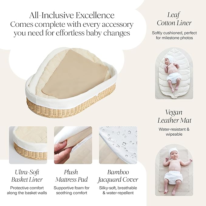 Bebe Bask Premium Baby Changing Basket - Artisan-Crafted Scalloped Rattan - Changing Basket for Baby Dresser - All Accessories Included - Complete Set for Nursery (Natural)