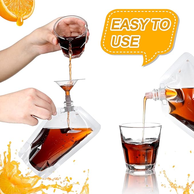Meanplan 100 Pcs Plastic Pouches Bulk Reusable Squeeze Pouches Clear Plastic Juice Leak Proof Bags with Funnel for Party Favors Supplies(6.7 oz,Inclined Mouth)
