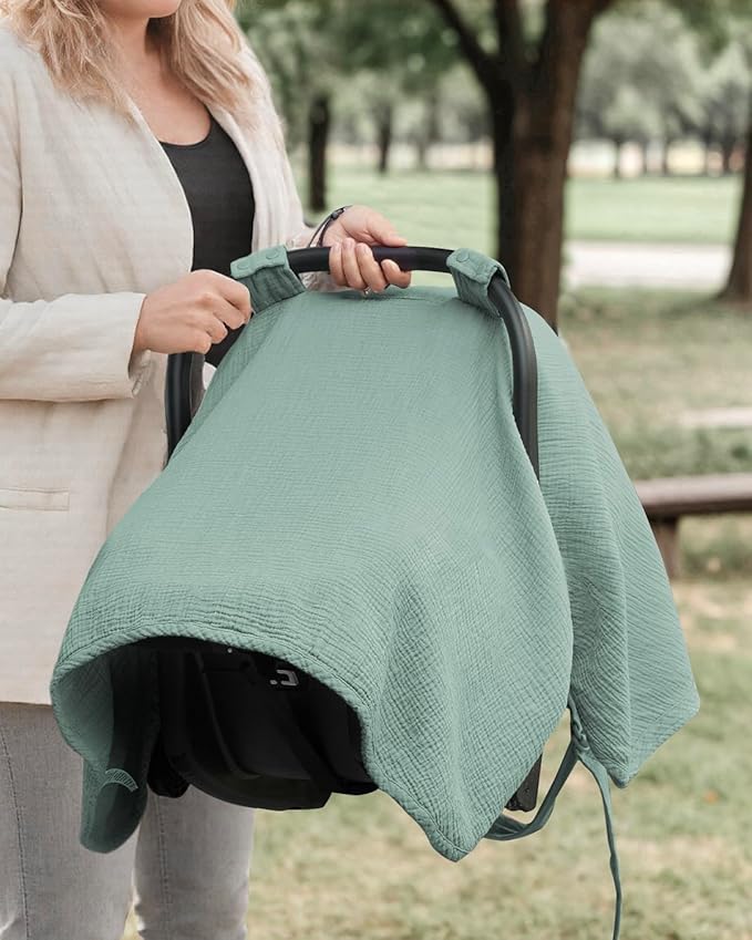 Blissful Diary 2-in-1 Muslin Baby Car Seat Cover, Multi-use Nursing Cover for Breastfeeding, Breathable Infant Car Seat Cover Canopy - Roman Green