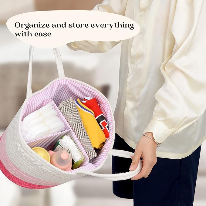 luxury little Diaper Caddy Organizer, Large Cotton Rope Nursery Basket, Changing Table Organizer for Baby Diaper Storage, Portable Car Organizer with Removable Divider, Baby Shower Gifts - Pink