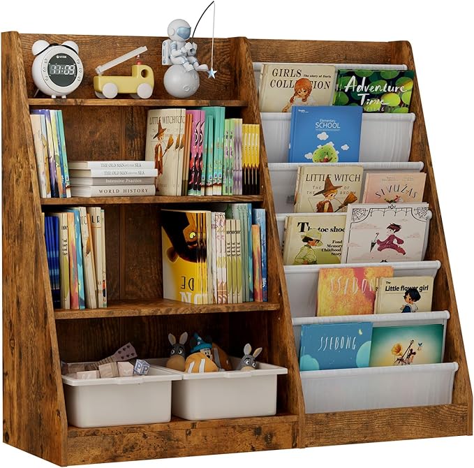 Kids Bookshelf for Bedroom Toddler Child Baby Bookcase 4-Tier for Nursery Book Toy Storage Organizer 6 Sling Adjustable Display Shelf Stand Book Rack Wood Classroom Playroom Rustic Brown