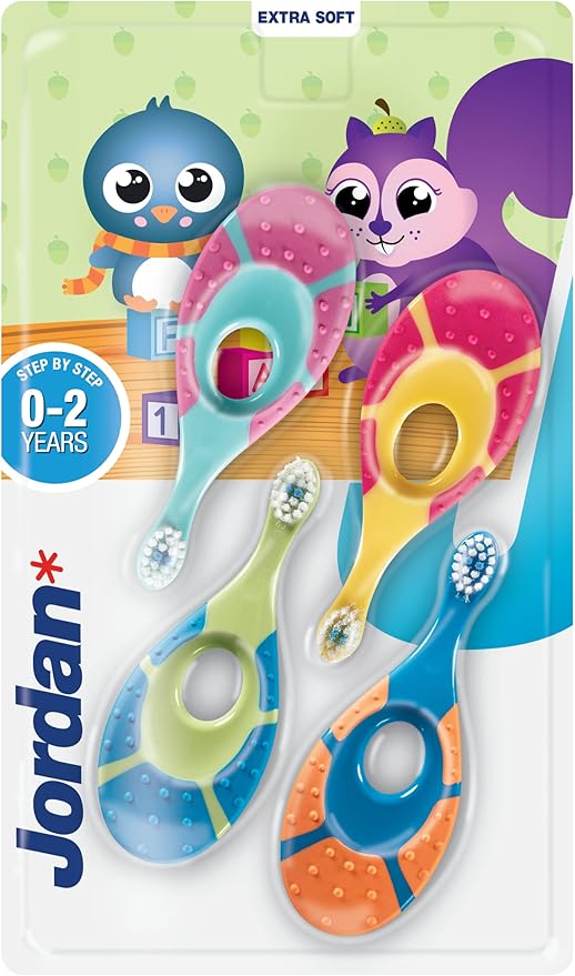 Jordan* | Step 1 Baby Toothbrush | 0-2 Years, Soft Bristles, BPA Free | Green & Blue | 4 Pack