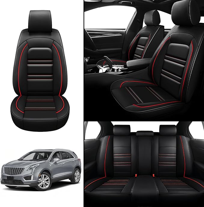 Seat Covers for Cadillac xt5 2017-2025 | 5-Seats Leather Seat Covers, Easy to Install Automotive Seat Covers Full Set (Full Set, Black&Red Line)