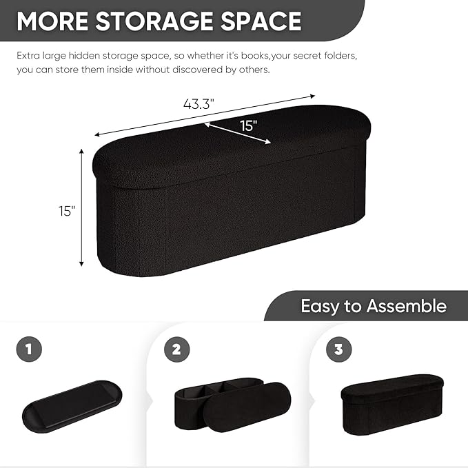 B FSOBEIIALEO Ottoman with Storage for Living Room, Sherpa Folding Storage Ottoman Foot Rest, 43.3 Inches Collapsible Bedroom Bench Black