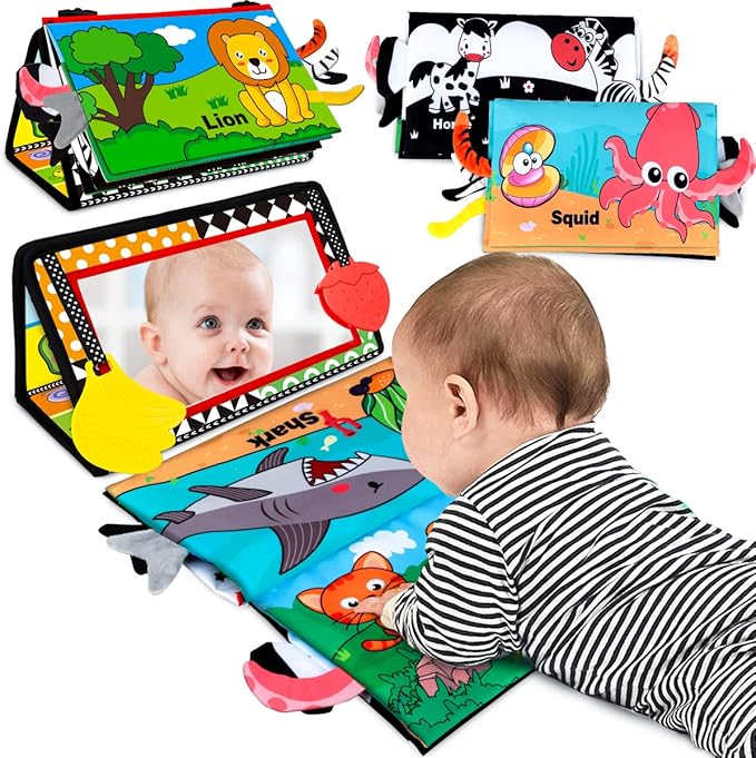 Baby Toys 0-6 Months - Tummy Time Toy Baby Mirror Infant Toys with Cloth Book - Black and White High Contrast Baby Toy for Newborn - Montessori Sensory Toy 0 2 3 4 5 6-12 Months Boy Girl Shower Gifts