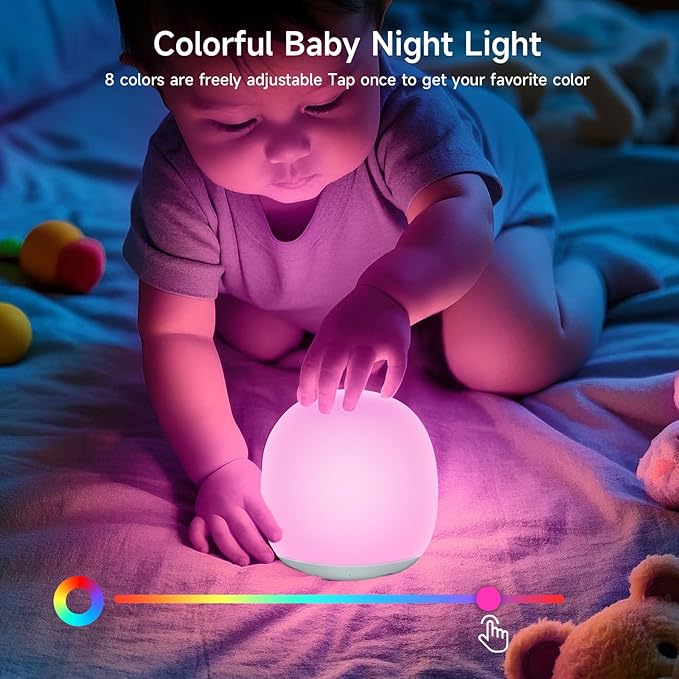 Baby Night Light, Nursery Night Lamp with 8 RGB Colors Changing, 1h Timer, Rechargeable & Touch Control, Soft BPA Free Portable Dimmable Night Lamp for Kids Room Breastfeeding