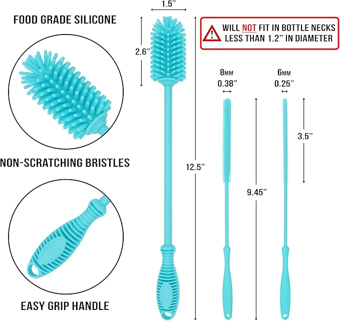 12.5” Silicone Bottle Brush & Straw Cleaner Brush Set | Water Bottle Cleaner for Hydro Flasks, Tumblers, Glassware, Vases and Narrow Neck Containers