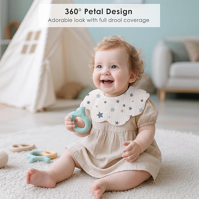 Muslin Baby Bibs, 6 Pack 100% Cotton Absorbent 360 ° Rotate Flower-Shaped Bandana Drool Bibs for Baby Girls & Boys