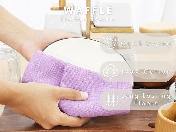 PurpleEssences Waffle Weave Kitchen Towel, 100% Cotton - 15 x 25 Inches, with Hanging Loop Ultra Soft Absorbent Quick Drying Dish Cloth, Tea and Hand Towels, 4 Pack - Fall Thanksgiving - Lavender