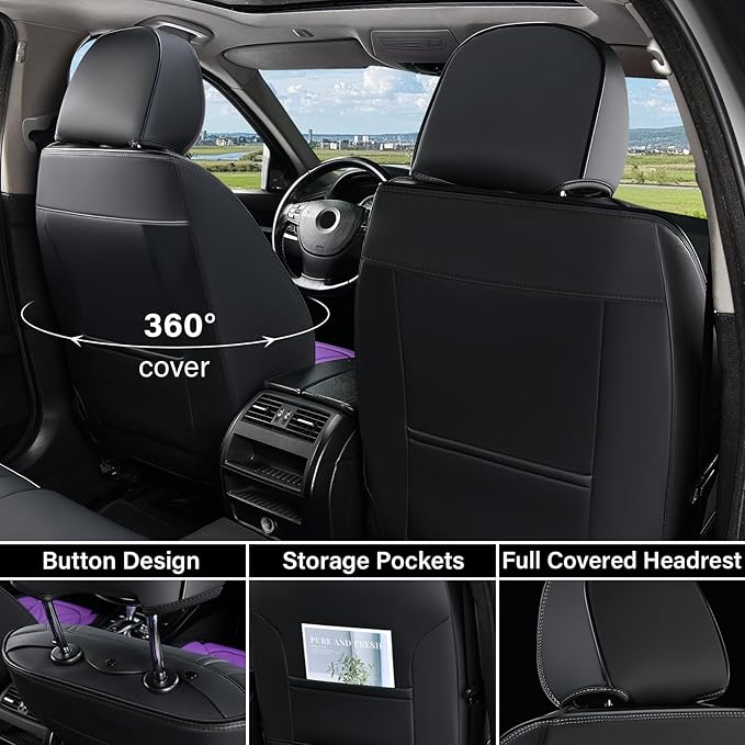 Coverado Car Seat Covers Full Set, Car Seat Protectors Leather Seat Covers for Cars, Automotive Seat Covers Car Accessories Universal Fit for Most Sedans SUV Pick-up Truck(Black&Purple)