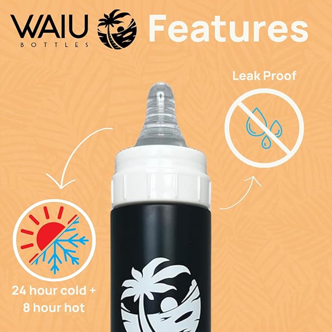 Versatile Waiu Insulated Baby Bottle | 4 oz & 6 oz Sizes | Keeps Drinks Hot for 8 Hours, Cold for 24 Hours | BPA-Free | Multiple Colors Available (Black, 6 oz.)