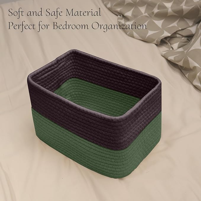 Hopegiver 3 Pack Storage Baskets for Organizing with Handle, Woven Baskets for Shelves - Durable Gift Basket for Cloth Toys Books Baby, Cotton Rope Basket for Dog Cat, 11x8x7 Inch(Brown&Green)