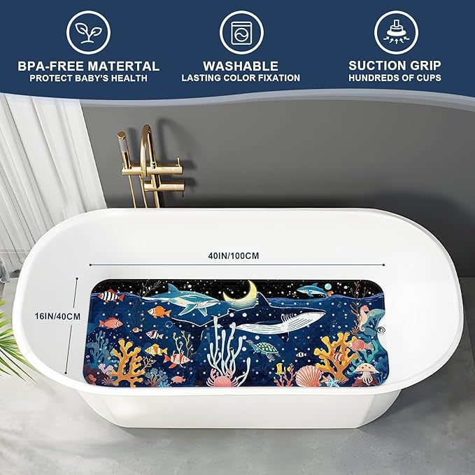 XIYUNTE Baby Bath Mat for Tub Non Slip Kids Bath Mat - 40"x16" Extra Long Bathtub Mat Non Slip Kids, Eco-Friendly Toddler Bath Mats with Suction Cups for Secure Grip, Easy to Clean & Easy Drying