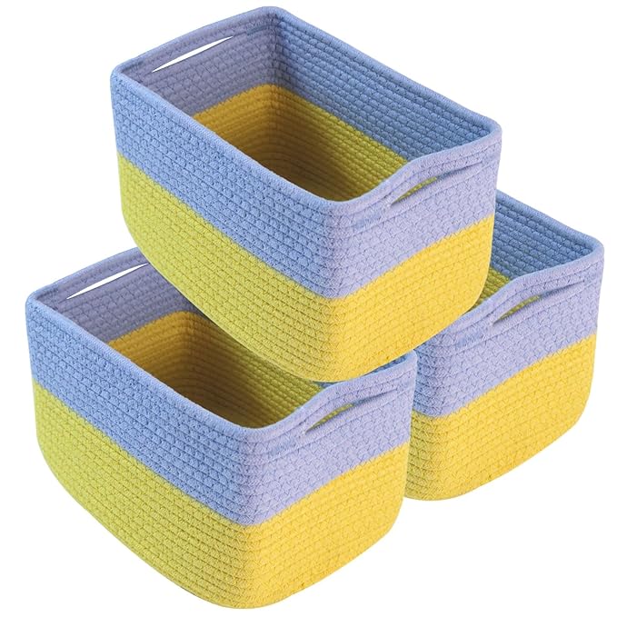 Hopegiver 3 Pack Storage Baskets for Organizing with Handle, Woven Baskets for Shelves - Durable Gift Basket for Cloth Toys Books Baby, Cotton Rope Basket for Dog Cat, 11x8x7 Inch(Blue&Yellow)