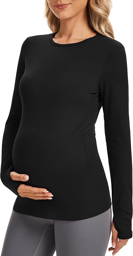 MathCat Maternity Long Sleeve Shirt with Thumbleholes,Pregnancy Casual Tee Blouse Athletic Yoga Workout Tops