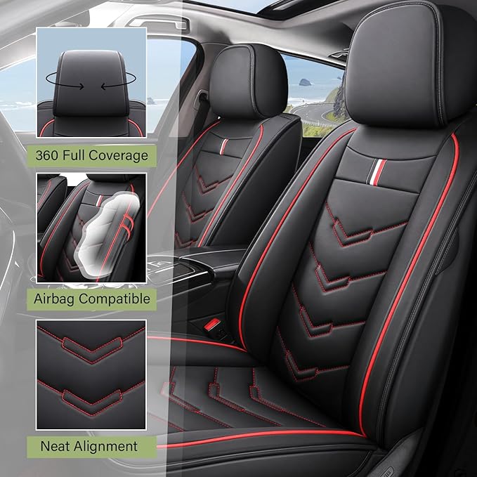 Leather Car Seat Covers Fit for LR Range Rover Evoque 2019-2025, 5 Seater Waterproof and Wear-Resistant Seat Cover Interior Accessories(Full Set,Black&Red)