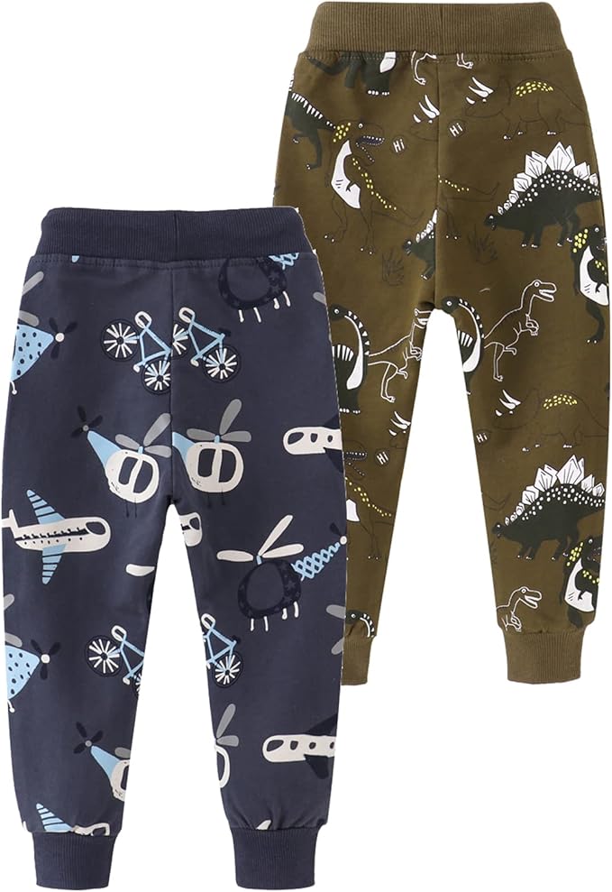 HUAER& Baby Boy's Jogger Pants Dinosaur Car Animal Print Drawstring Elastic Sweatpants 2-Pack