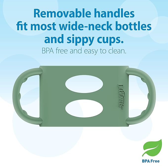Dr. Brown's Milestones Wide-Neck Sippy Spout Bottle with 100% Silicone Handles, Easy-Grip Handles with Soft Sippy Spout, 9oz/270mL, Green & Gray, 2-Pack, 6m+